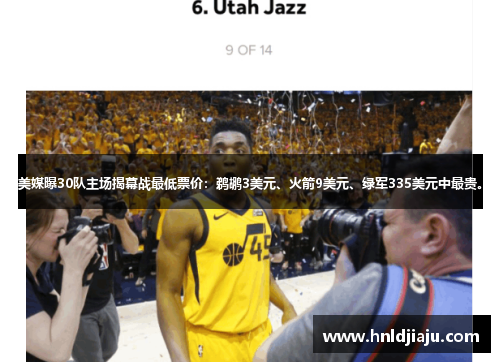 美媒曝30队主场揭幕战最低票价：鹈鹕3美元、火箭9美元、绿军335美元中最贵。